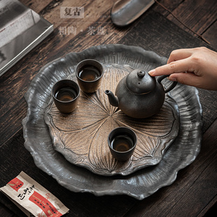 茶具茶盘套装 圆形茶盘大号陶瓷干泡盘家用日式 储水试茶台带排水