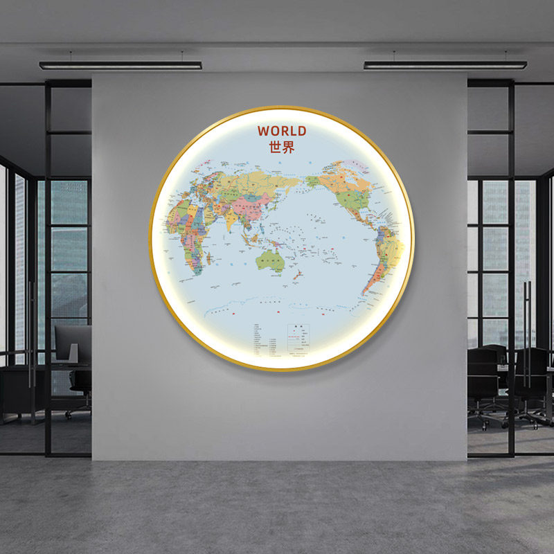 世界地图中国灯画办公p室玄关书房圆形装饰画客厅过道会议室壁画