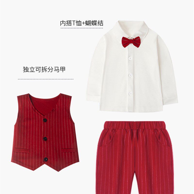男宝宝秋冬套装绅士婴儿周岁宴礼服红F色秋装纯棉一岁男童秋装西