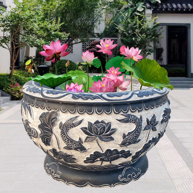 石雕鱼缸花盆门海仿古天然青石水缸庭院荷L花缸流水种花养鱼池石