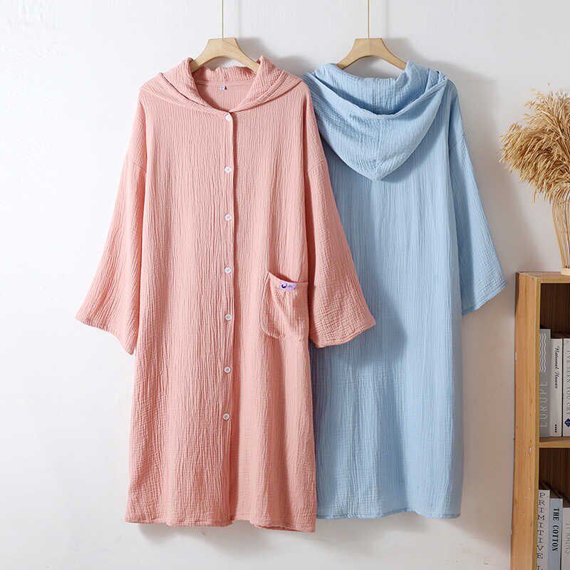 双层纱全棉绉纱纱布 宽松开衫纽扣连帽长袖浴袍V睡袍家居服睡衣