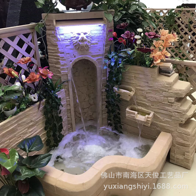 狮子喷水池大型欧式喷泉流水摆件花园装饰庭院假山水景砂岩工艺品