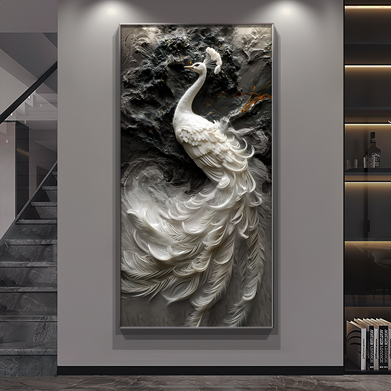 高级感浮雕立体肌理画孔雀挂画入户进门玄关装饰画走廊过道墙壁画图片