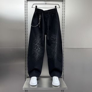 2025冬季豹纹提花水洗牛仔裤男加绒松紧腰宽松直筒阔腿长裤高级感