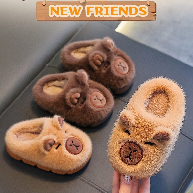 卡皮巴拉冬季儿童棉拖鞋男女童保暖防滑加绒亲子包跟毛毛棉拖鞋