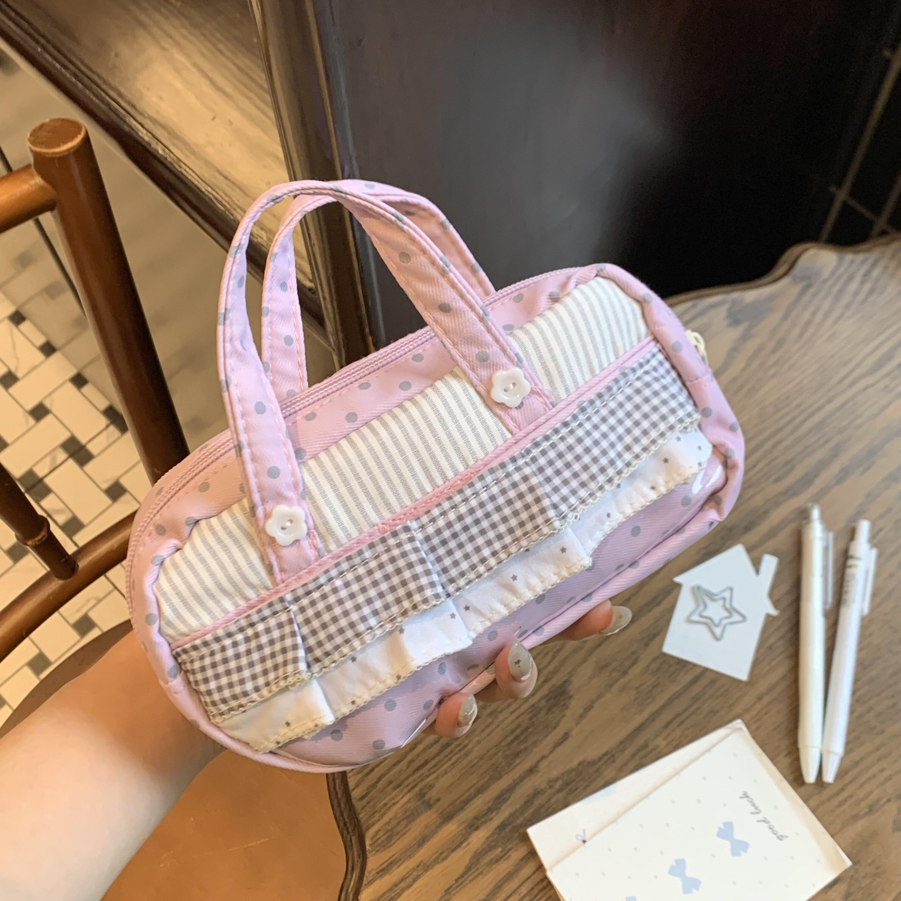 韩系粉色格蕾波点手提化妆包大容量洗漱收纳包女便携少女心化妆袋