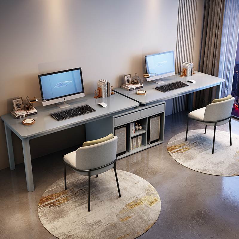 双人台式电脑桌书房高端办公学习桌带储物柜家用实木书桌机箱一体