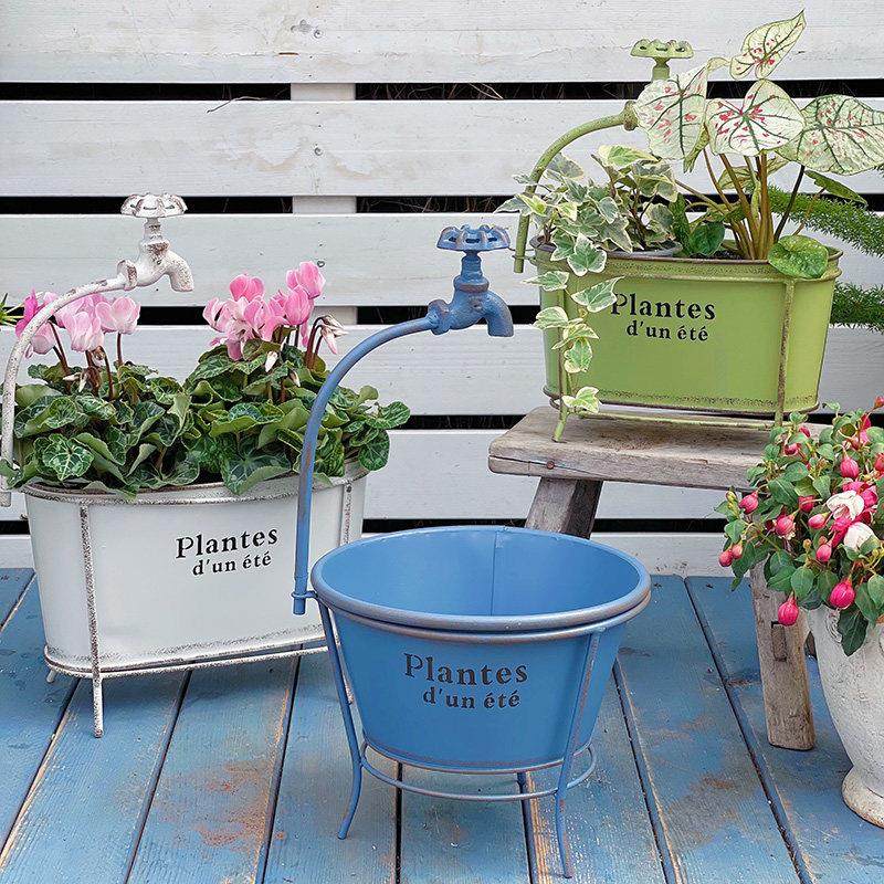 复古做旧铁艺圆形高腿水龙头造型花盆阳台花园庭院花洒铁皮桶花器