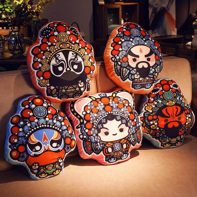 国潮风京剧脸谱创意搞怪抱枕靠垫可爱3D印花卧室办公室沙发靠枕