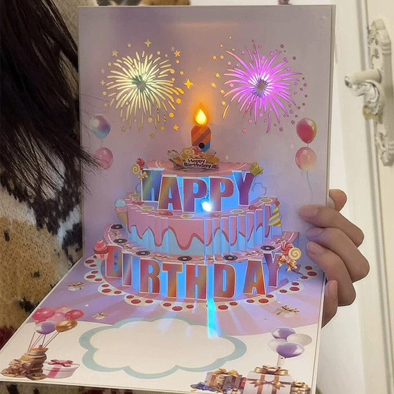创意生日贺卡3D礼花贺卡立体蛋糕音乐可折叠有声彩色灯光卡通卡片