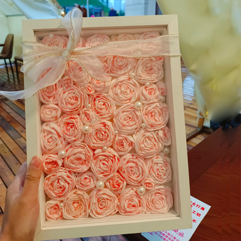 纸巾玫瑰花相框摆台立体白色永生花干花相框手工diy框架中空画框