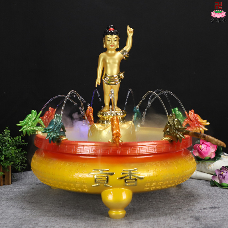 中式汉白玉陶瓷莲花九龙浴佛盆喷水彩太子佛像唯我独尊佛像摆件