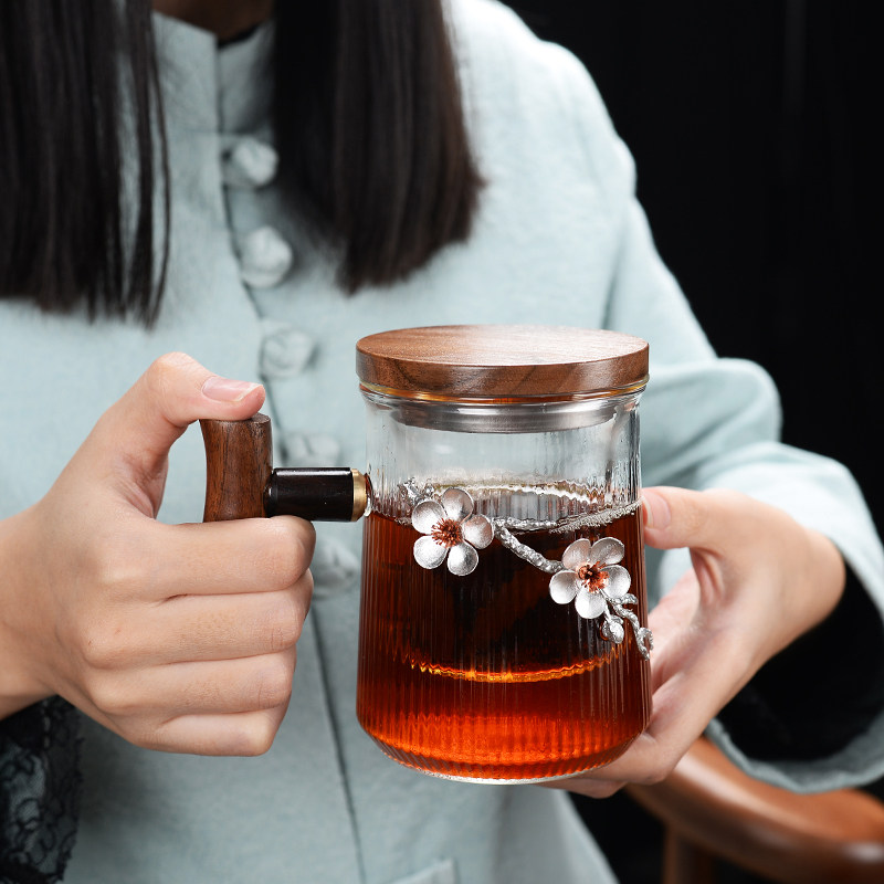 玻璃茶杯木盖带胡桃木手柄个性创意水杯茶水分离杯办公室杯子女士