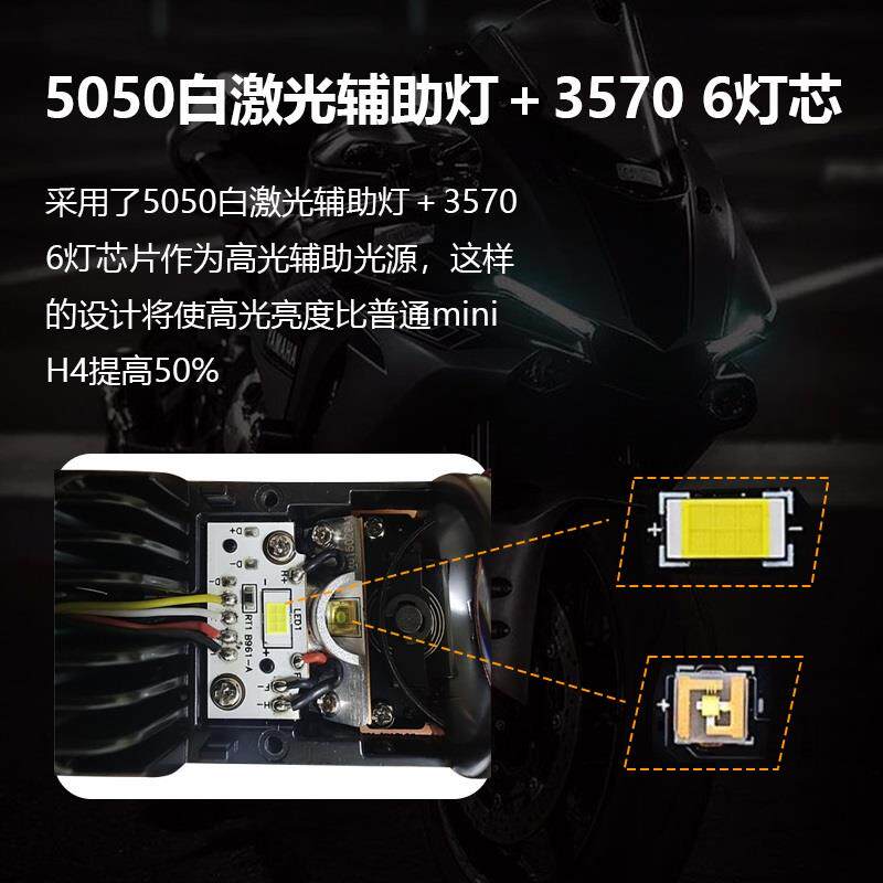 带透镜摩托车LED激光大灯H4改装远近光一体车灯强光双光汽车灯泡