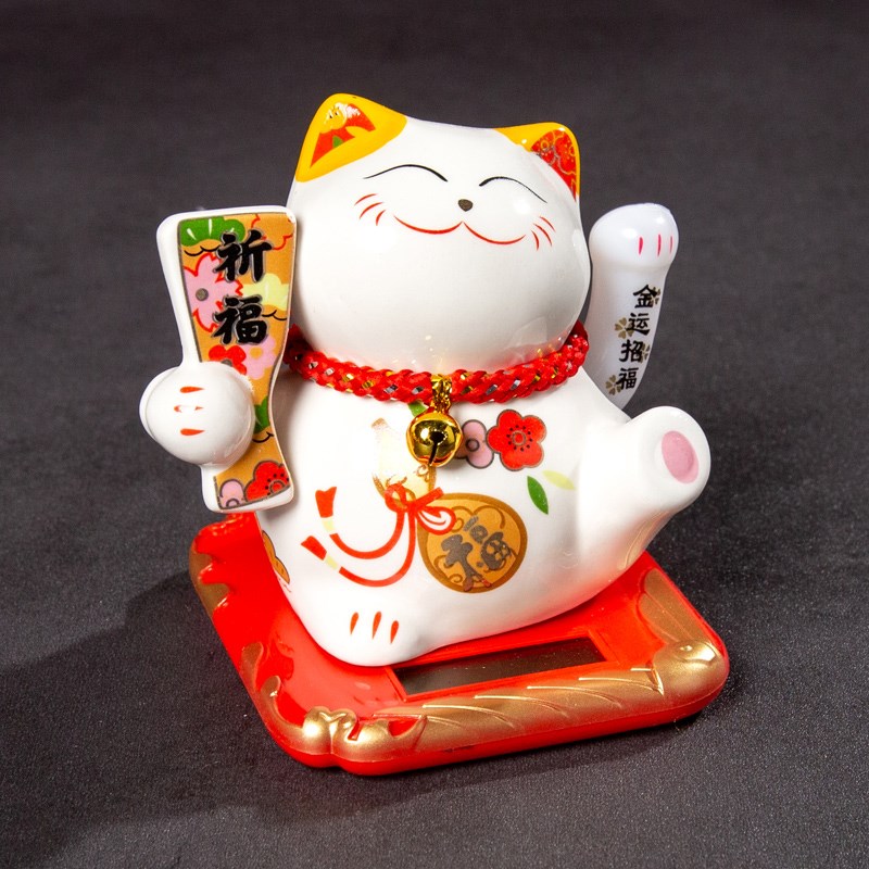 招财猫太阳能车载汽车内饰陶瓷摆件开店铺开业前台装饰品自动摇手