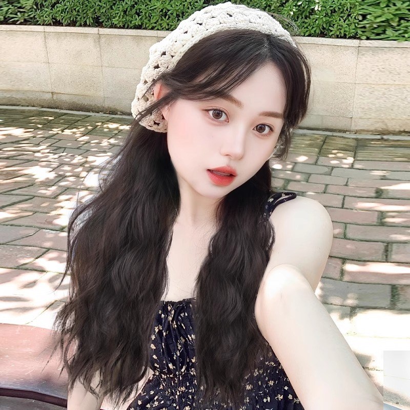三角头巾假发一体女生夏天发箍款全头套式时尚仿全真长卷发高颅顶