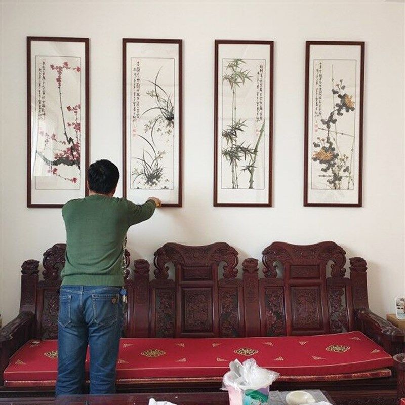 梅兰竹菊四条屏挂画中式客厅沙发背景墙装饰画手绘国画花鸟四联画