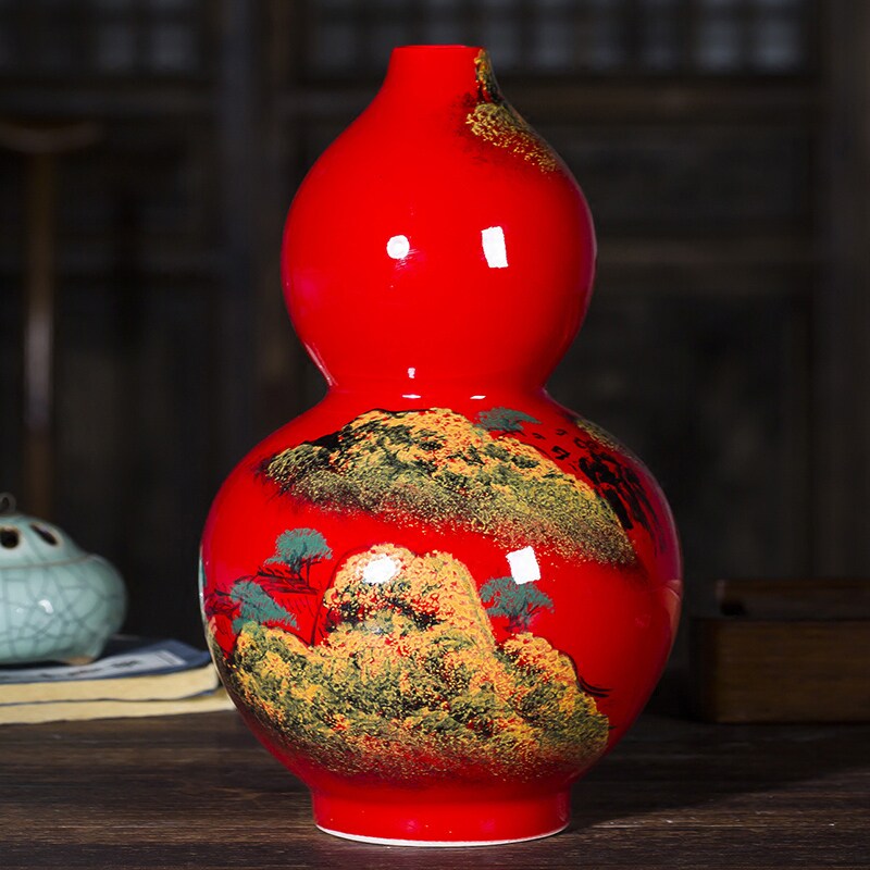 景德镇陶瓷手绘中国红色小花瓶插花葫芦瓶中式客厅博古架装饰摆件