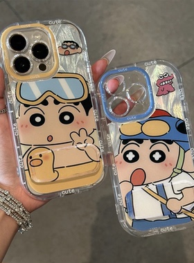 可爱小新适用苹果16promax手机壳pura70华为mate60pro女苹果14plus荣耀300新款Reno12镜子支架vivos20小米15