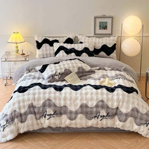 秋冬厚实软糯细密绒毛保暖床笠条纹泡芙绒床包床单四件套