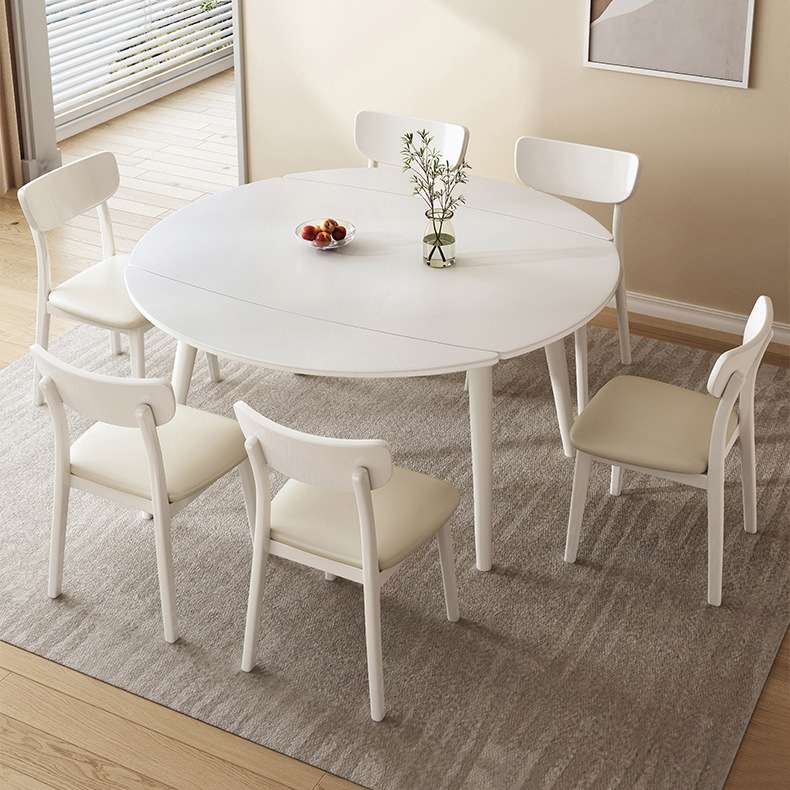 纯白奶油风岩板餐桌椅可伸缩折叠圆形组合现代简约小户型客厅家用