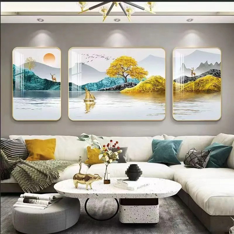 客厅装饰画现代i新中式沙发背景墙三联画挂画简约大气圆角福鹿壁图片