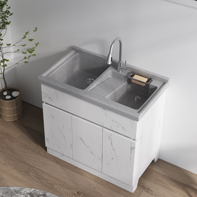 双台盆洗衣池人造石英石一体盆带斜搓板阳台整体人造石洗衣柜定制