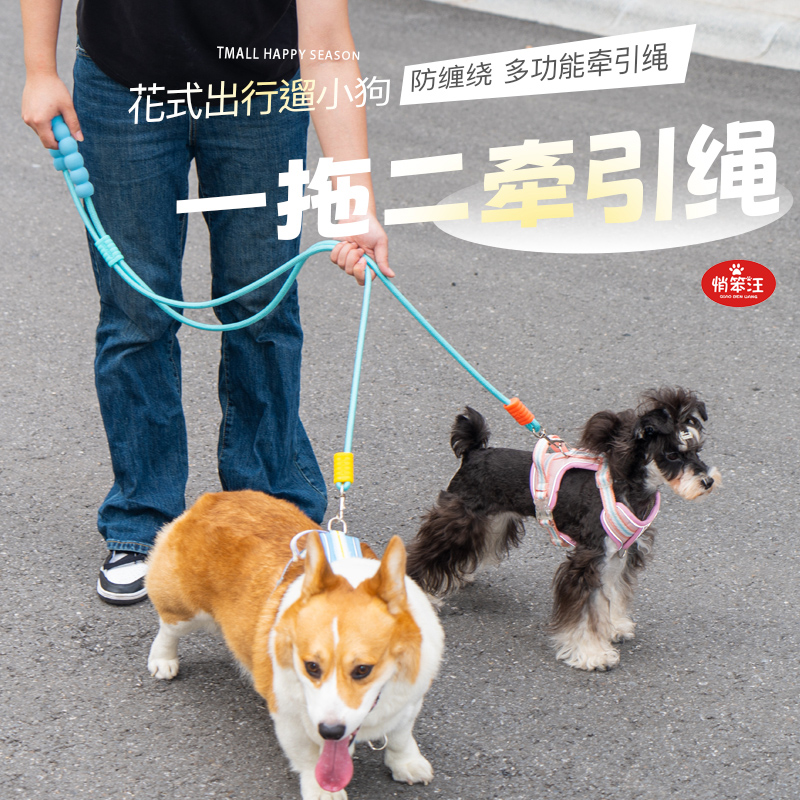 俏笨汪狗狗牵引绳一拖二双牵狗绳