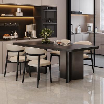 意式极简纯黑下挂加厚岩板餐桌椅组合现代简约高级感长方形饭桌