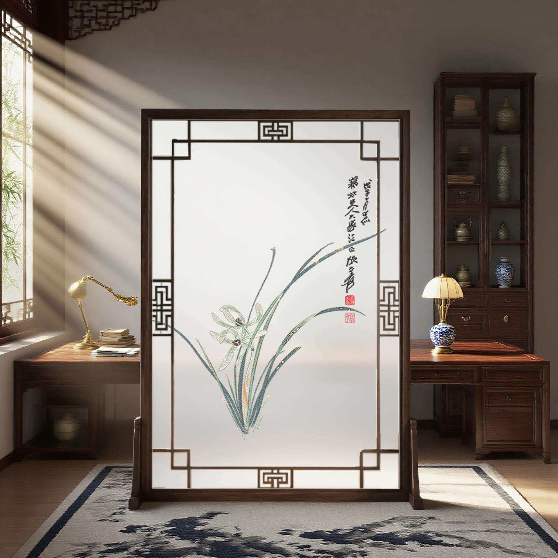 半透明纱布画实木花格入户玄关隔断茶室展厅书房兰花双面刺绣屏风