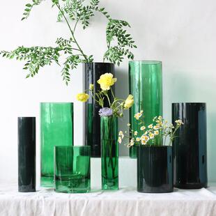 简约厚底泡绿色玻璃花瓶大号富贵竹水培插花圆形直筒婚礼客厅摆件