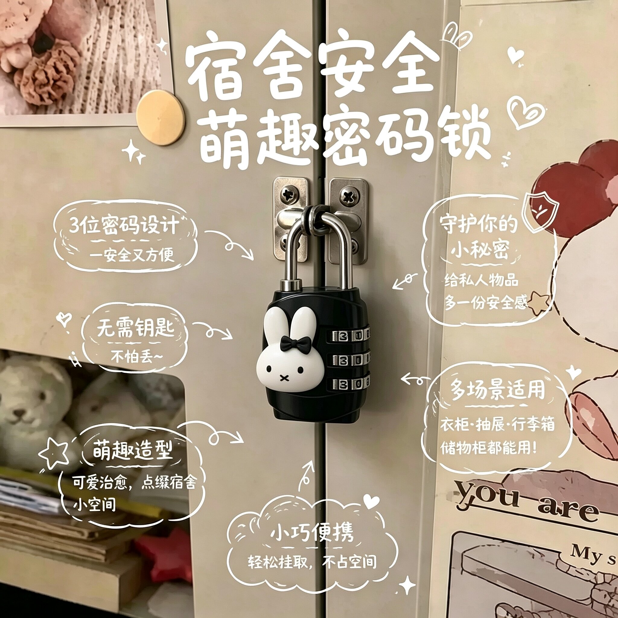 锁住隐私!可爱米菲兔密码锁学生宿舍储物柜防盗锁开学宿舍好物