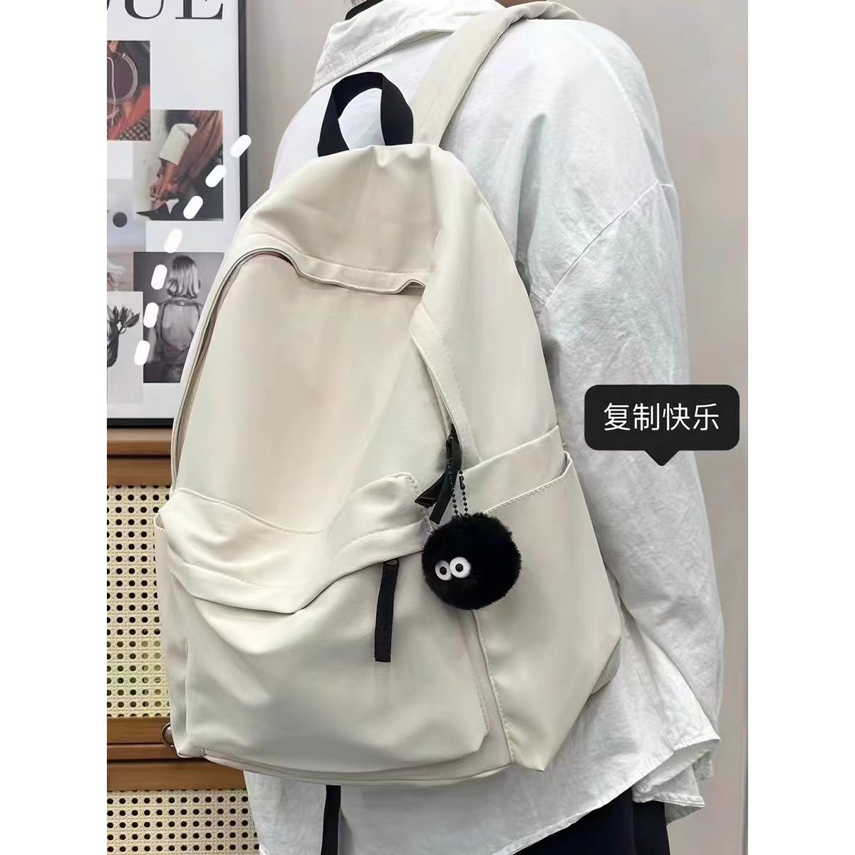 日系书包女大学生韩版ins大容量简约纯色背包初中高中生双肩包男