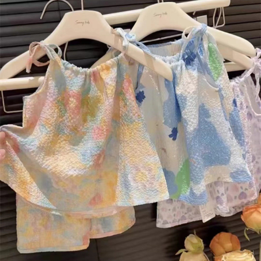 婴儿衣服夏季薄款油画风女童洋气吊带裙裤分体两件套宝宝透气夏装