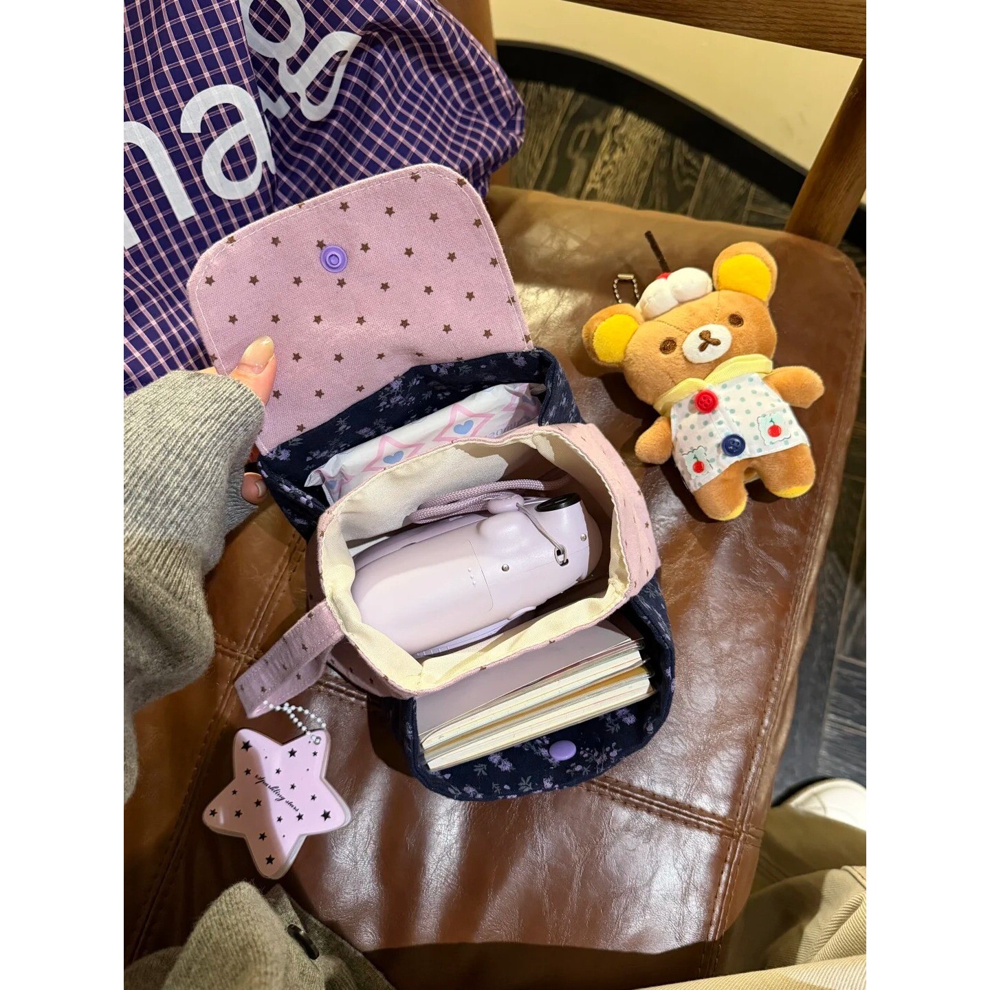 韩系ins紫色碎花高颜值收纳包氛围星星印花化妆包三层折叠手提包