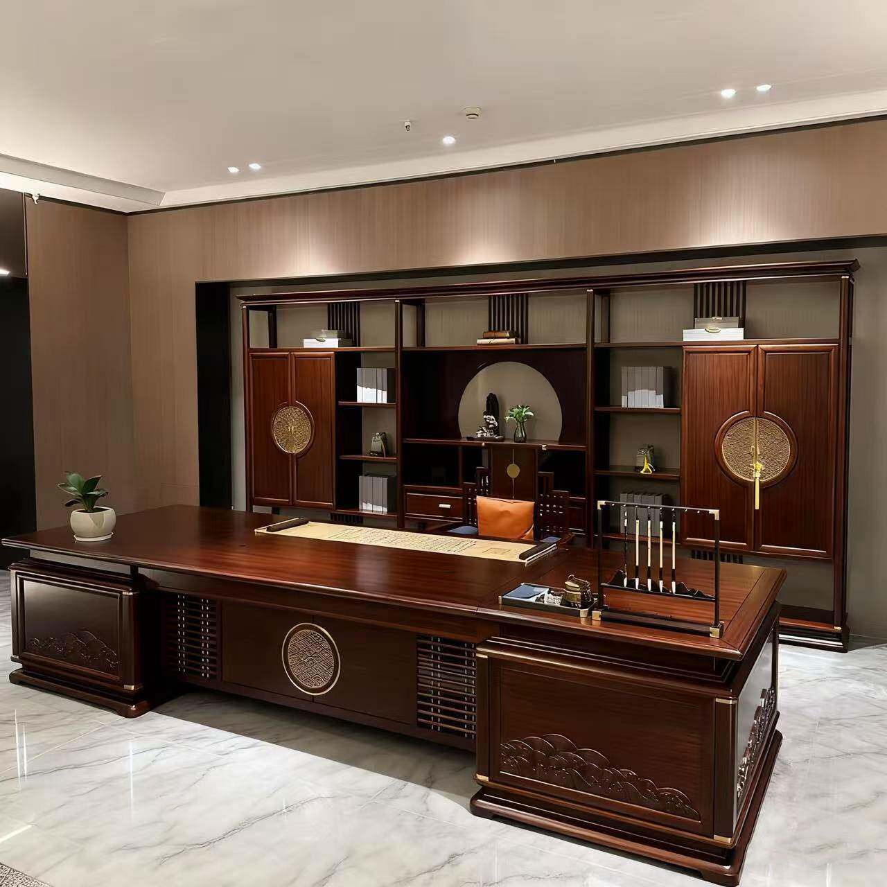 新中式实木办公桌椅组合高端大班台现代办公室乌金木老板桌总裁桌
