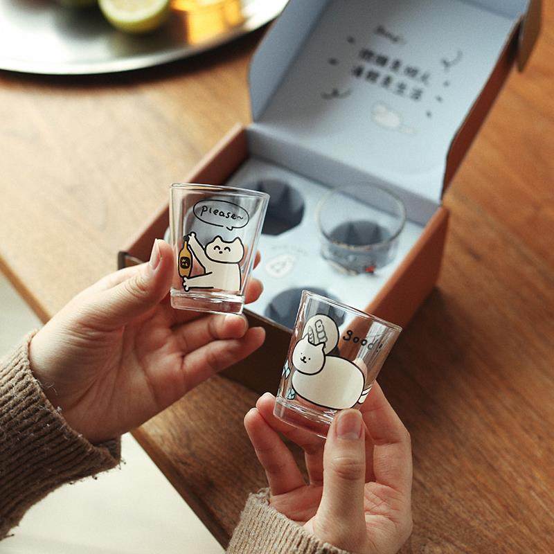 蓝莲花烧酒杯白酒杯一口杯清酒可爱小酒杯玻璃杯子套装迷你shot杯