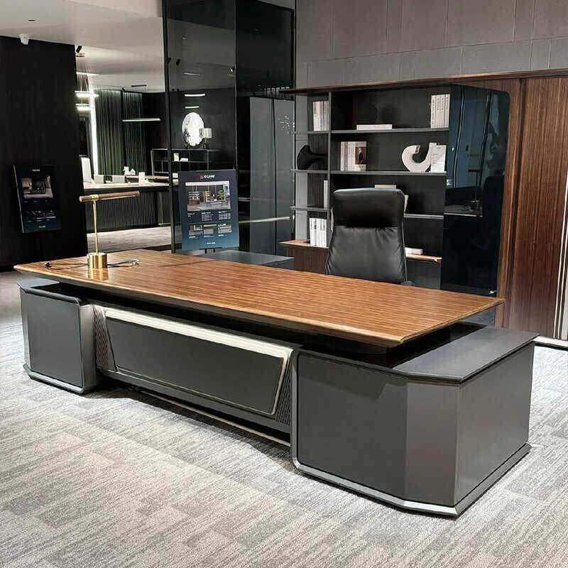 新中式实木老板桌办公桌轻奢现代高级感北美黑胡桃木大班台总裁桌