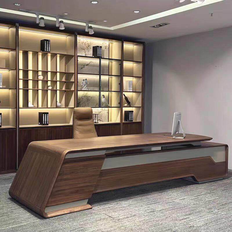 新中式北美黑胡桃木总裁办公桌现代轻奢简约实木大班台高级老板桌