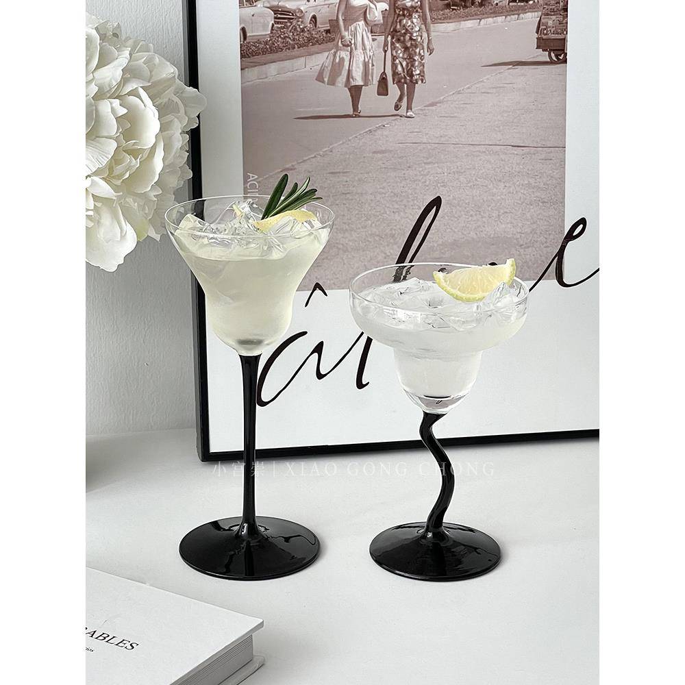 小众黑杆鸡尾酒杯创意个性弯脚玛格丽特杯香槟杯气泡酒杯高脚杯子