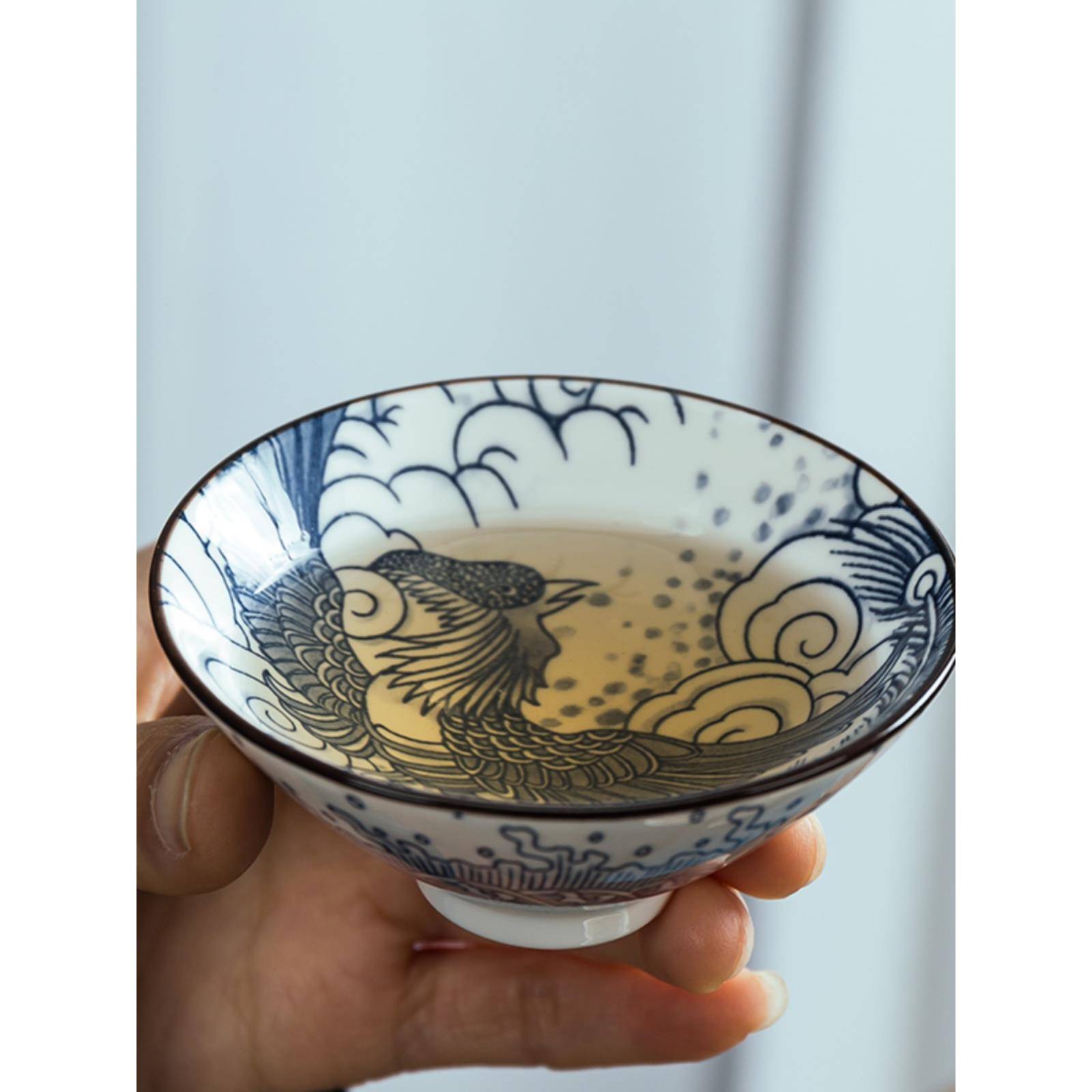 青花斗笠杯主人茶杯陶瓷品茗酒杯白酒复古风酒盏家用小酒碗个人杯