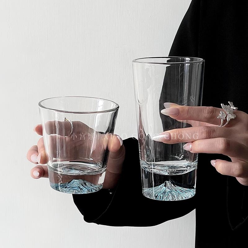 ins风蓝色山脉玻璃杯高颜值家用水杯小众咖啡杯威士忌酒杯洋酒杯