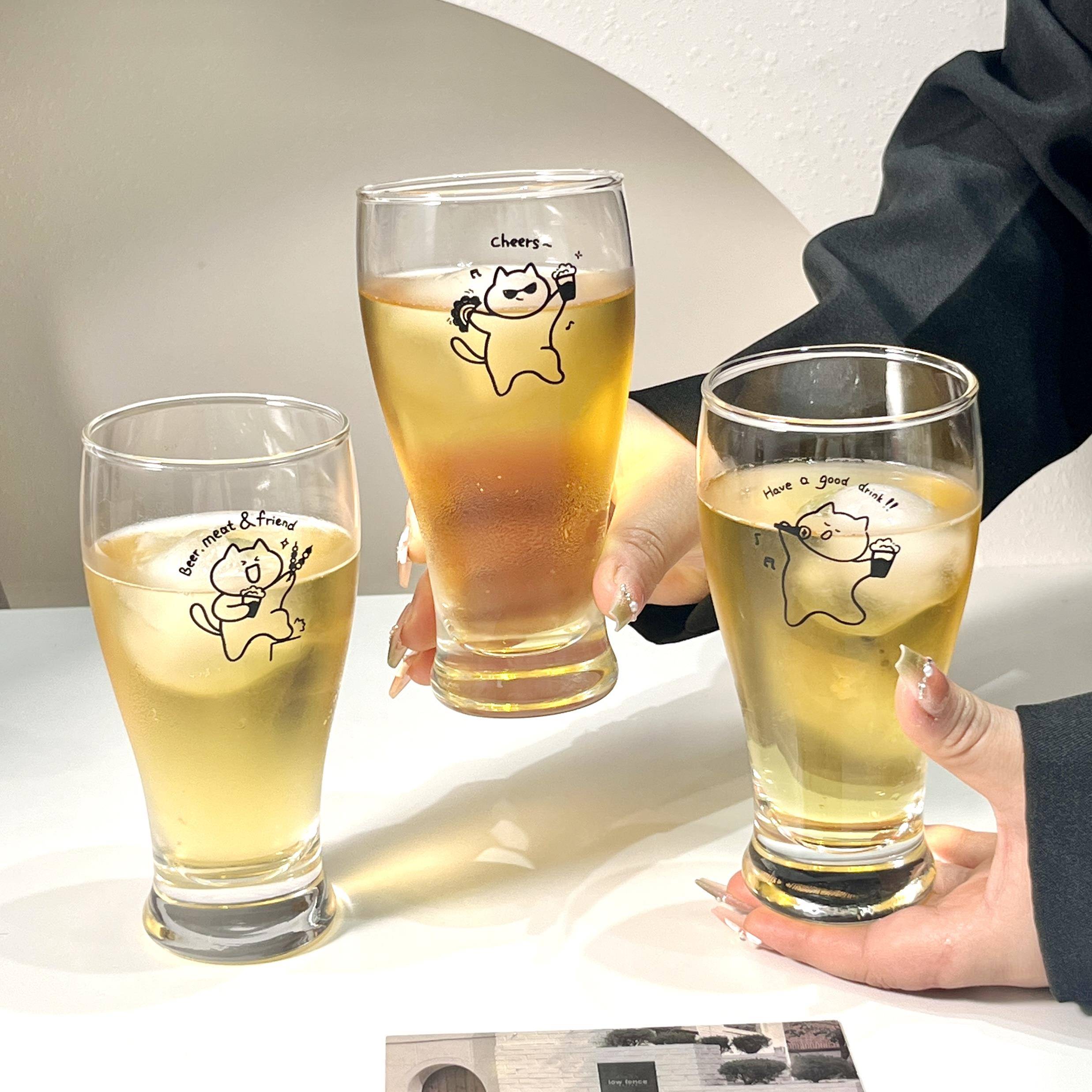原创小猫扎啤杯玻璃杯家用精酿啤酒杯果汁饮料冷饮杯冰咖啡杯商用