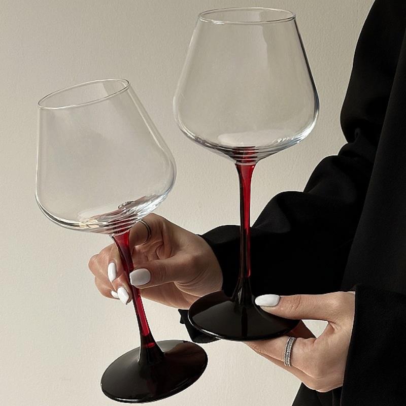 红杆黑领结红酒杯高脚杯家用ins风 网红葡萄酒勃艮第大肚香槟杯子