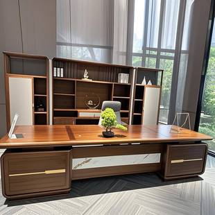 新中式办公室实木大板桌办公桌领导老总纯实木大班台老板桌带侧柜