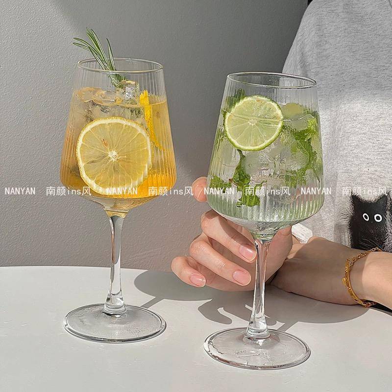 竖条纹玻璃杯ins风高颜值鸡尾酒杯子家用创意香槟红酒杯葡萄酒杯