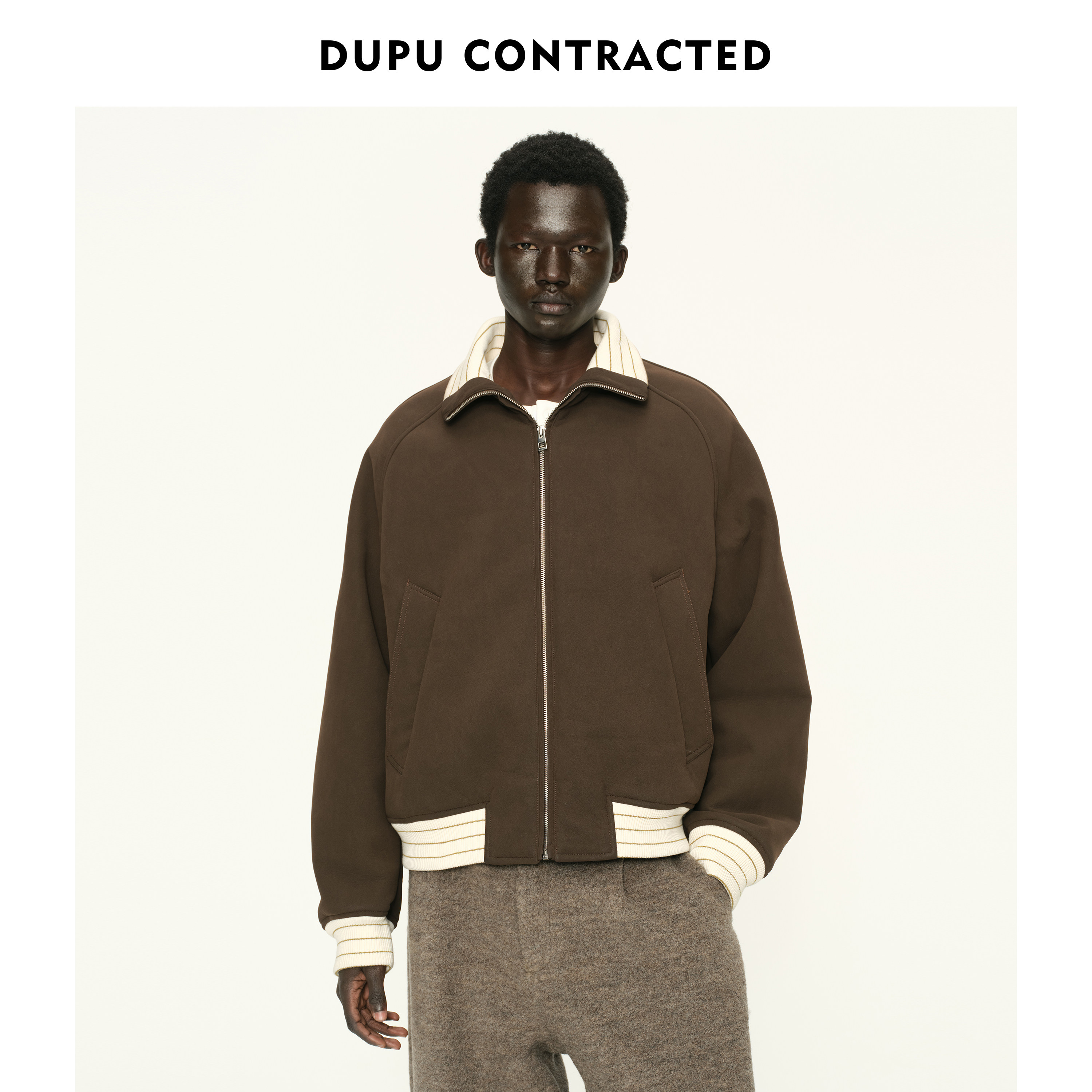 DUPU杜朴金属丝PU混纺撞色短款皮毛一体外套栗子可可穿搭时尚夹