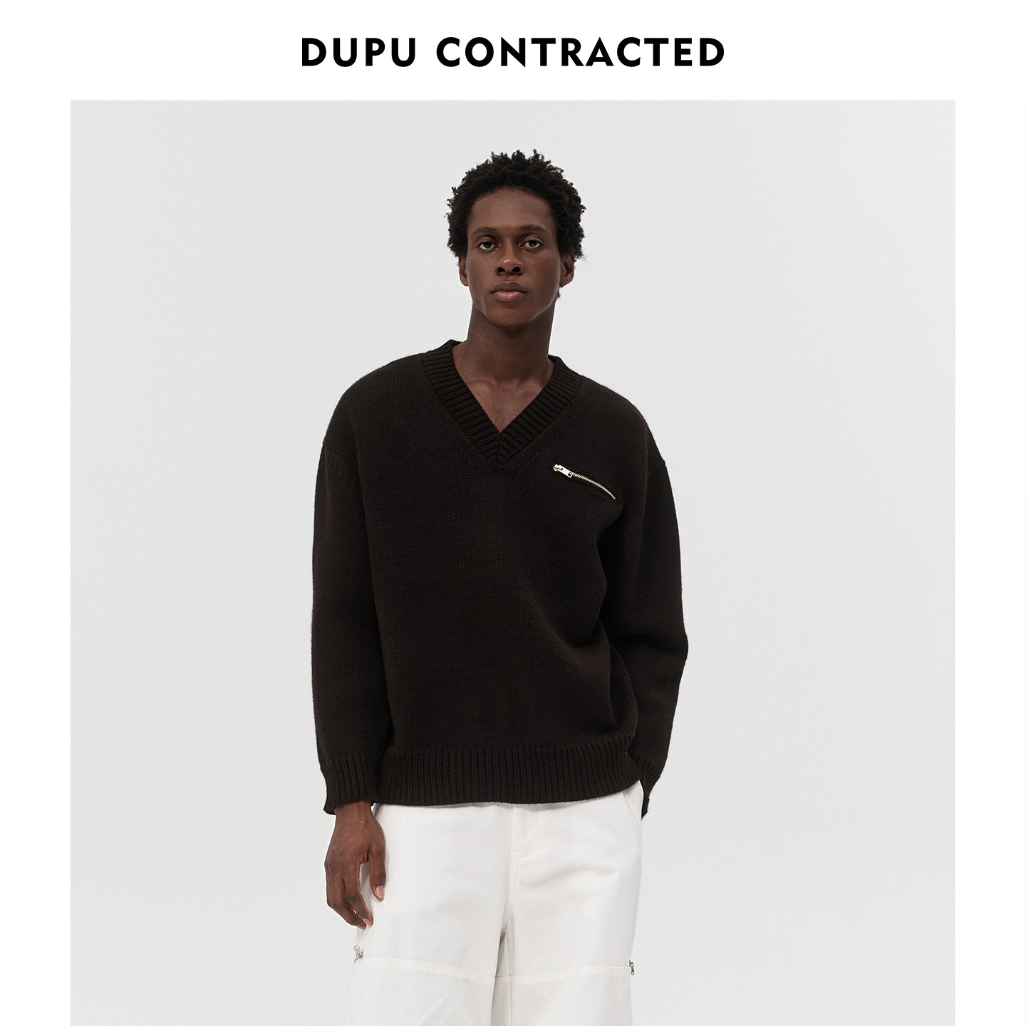 DUPU杜朴 单面织法装饰金齿拉链v领套头毛衣 秋冬舒适学院风
