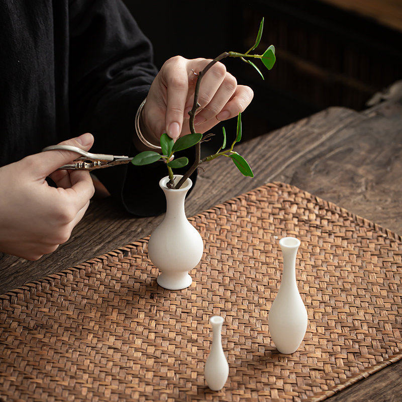 茶宠迷你白瓷小花器陶瓷花瓶禅意绿萝铜钱草花插水培茶桌茶具