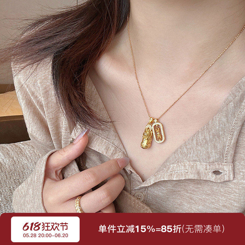 蜜蜂妈古法沙金点钻金刚杵貔貅四叶草吊坠项链女小众复古韦雪